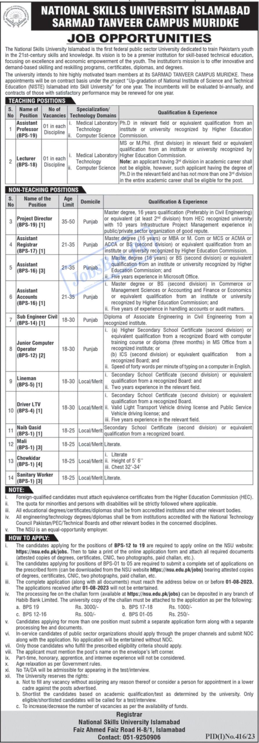 National Skills University NSU Islamabad Jobs 2023 at sarmad tanveer campus