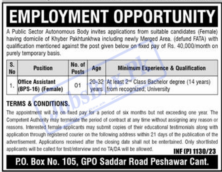 P.O Box No. 105 GPO Saddar Peshawar Cantt Jobs 2023