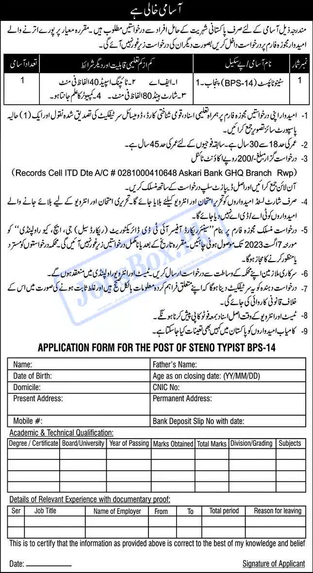Pakistan Army Headquarters GHQ Rawalpindi Jobs 2023 at ITD Directorate Record Cell