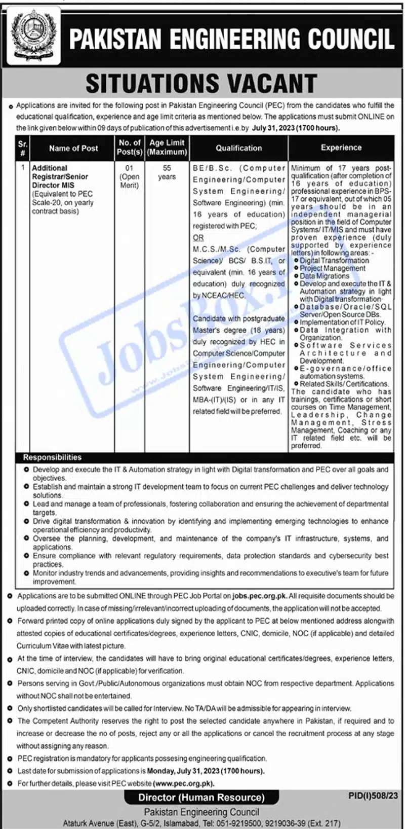 Pakistan Engineering Council PEC Jobs 2023 Current Vacancies