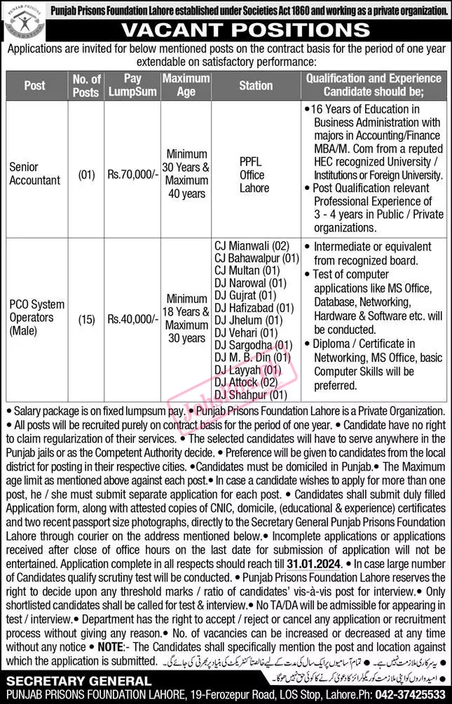 Punjab Prisons Foundation Jobs 2024