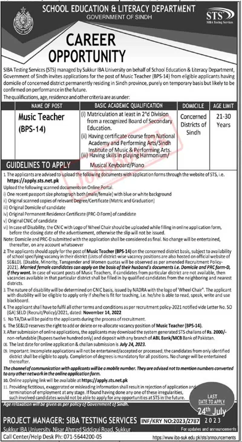 School Education Department Sindh Jobs 2023 STS Online Apply