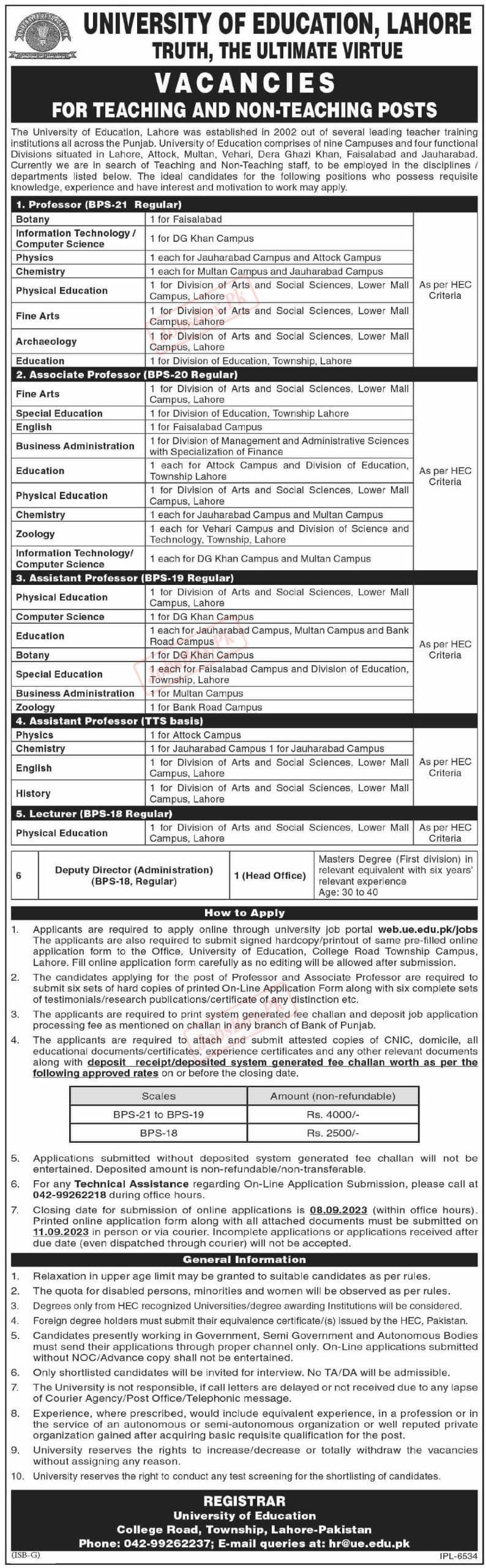 University of Education UE Lahore Jobs 2023 Current Opportunities