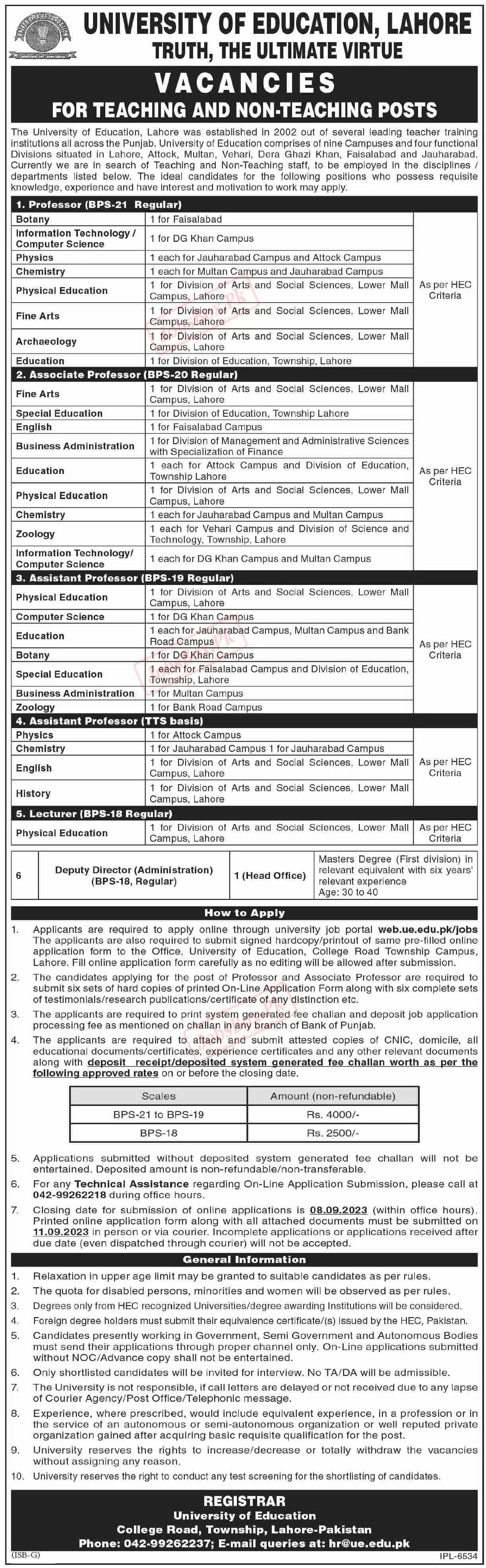 University of Education UE Lahore Jobs 2023 Current Opportunities