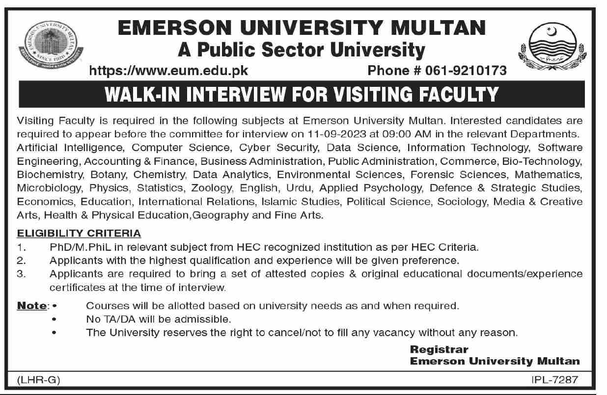 Emerson University Multan Jobs 2023