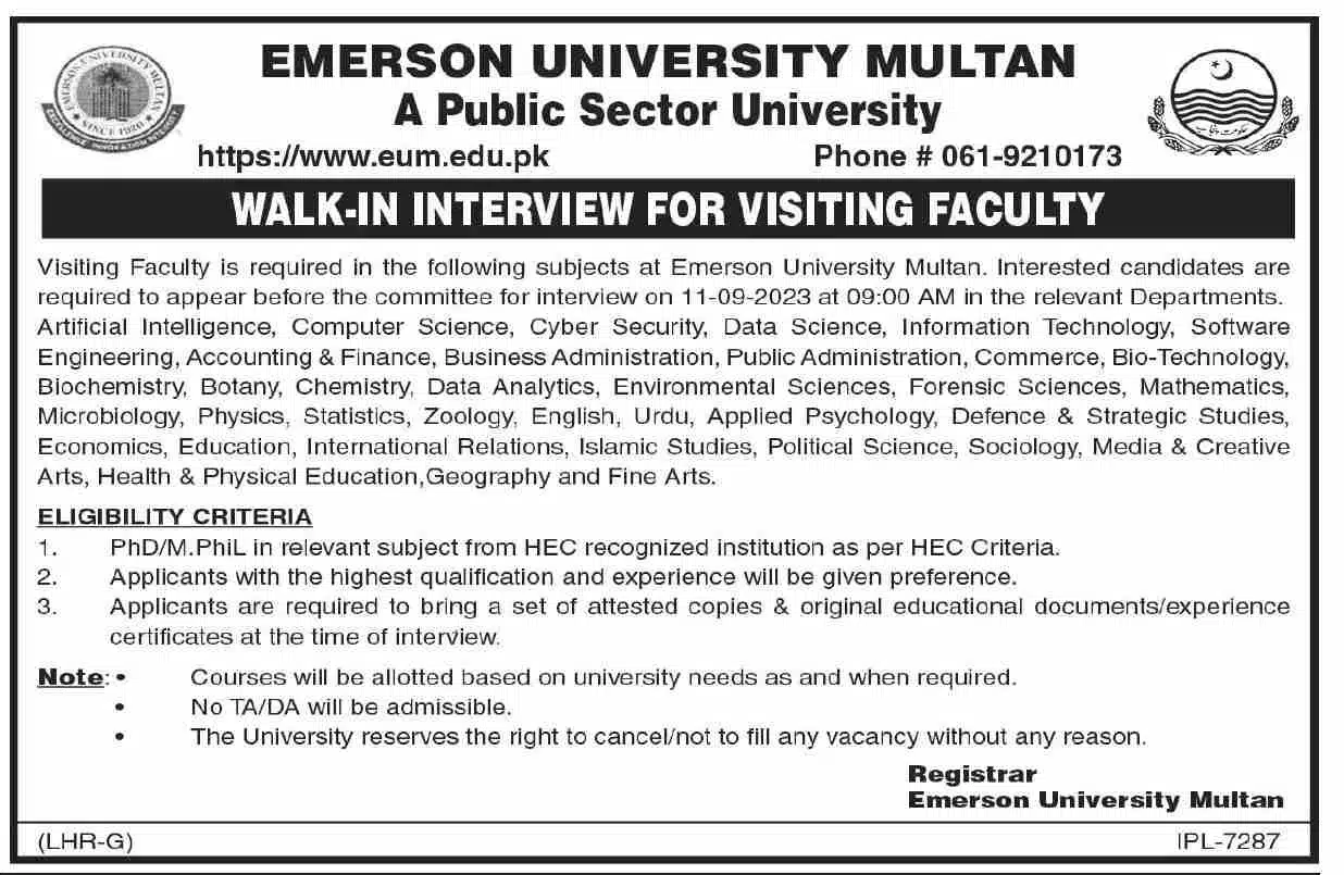 Emerson University Multan Jobs 2023