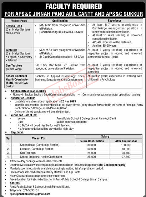 Army Public Schools & Colleges Sukkur Jobs 2023