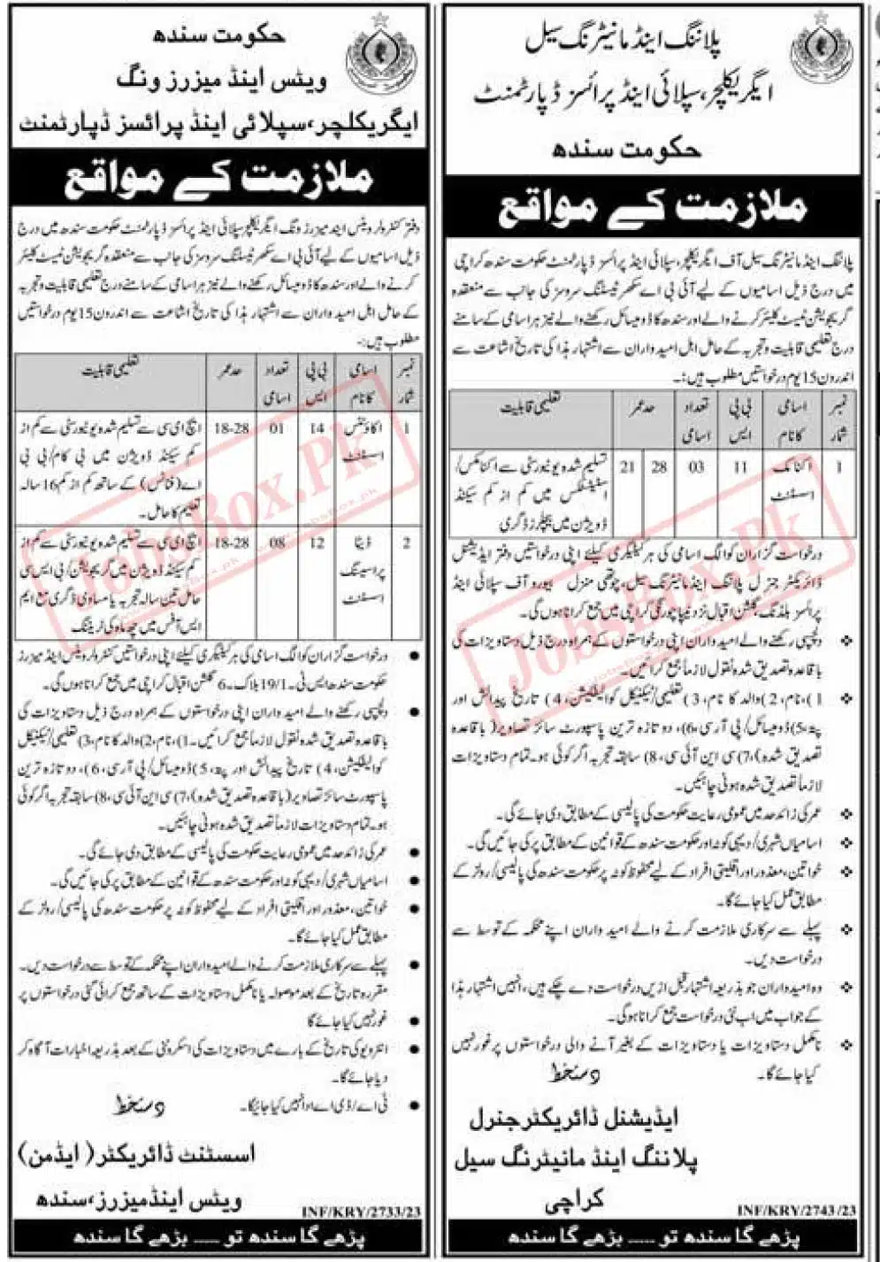 Agriculture Supply and Prices Department Sindh Jobs 2023 Latest Notification