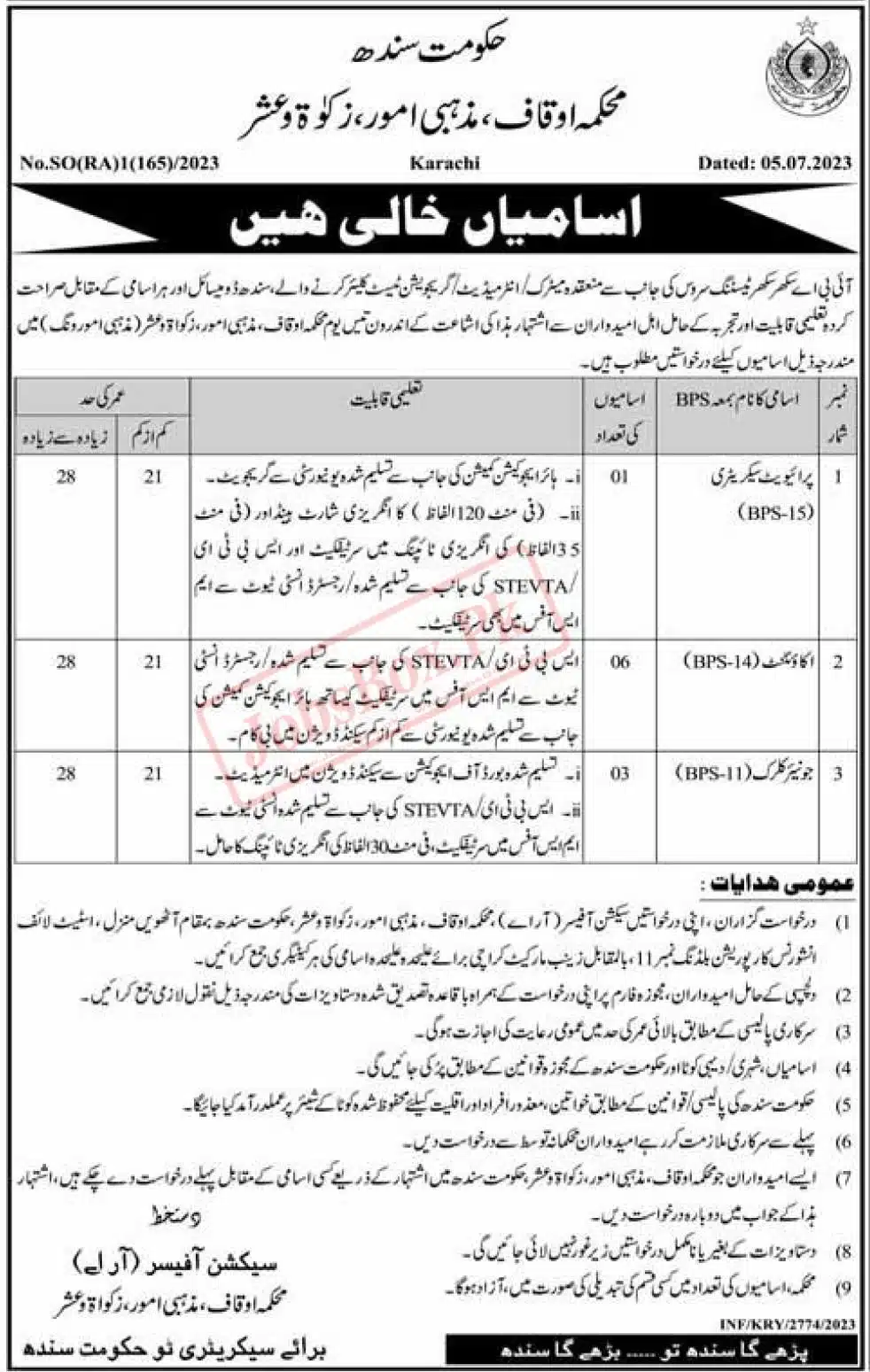 Auqaf Religious Affairs Zakat & Ushr Department Sindh Jobs 2023