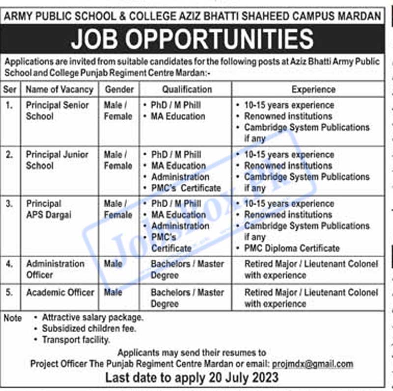 Aziz Bhatti Army Public School and College Jobs 2023