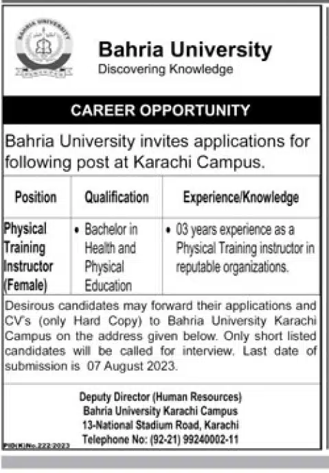 Bahria University Karachi Campus Instructor Jobs