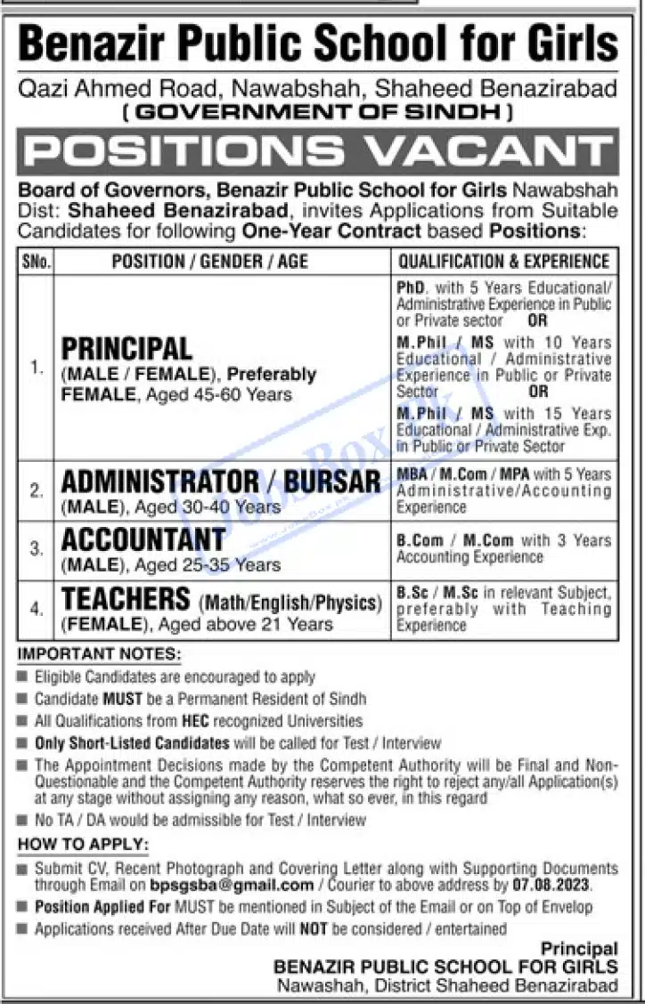 Benazir Public School Shaheed Benazirabad Jobs 2023