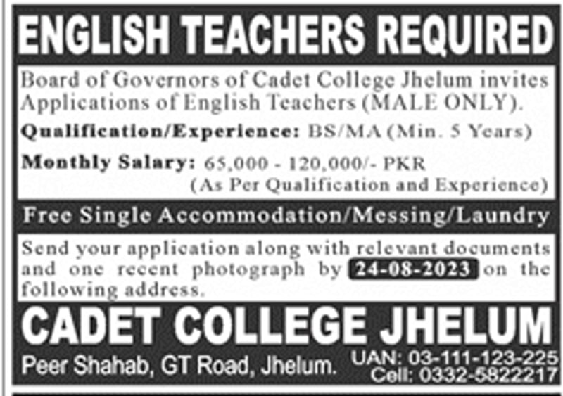 Cadet College Jhelum Jobs 2023 Advertisement