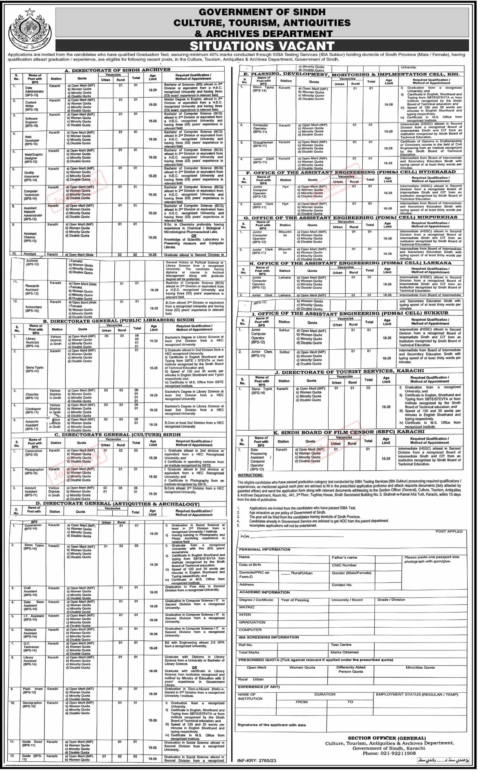 Culture, Tourism & Antiquities Department Sindh Jobs 2023