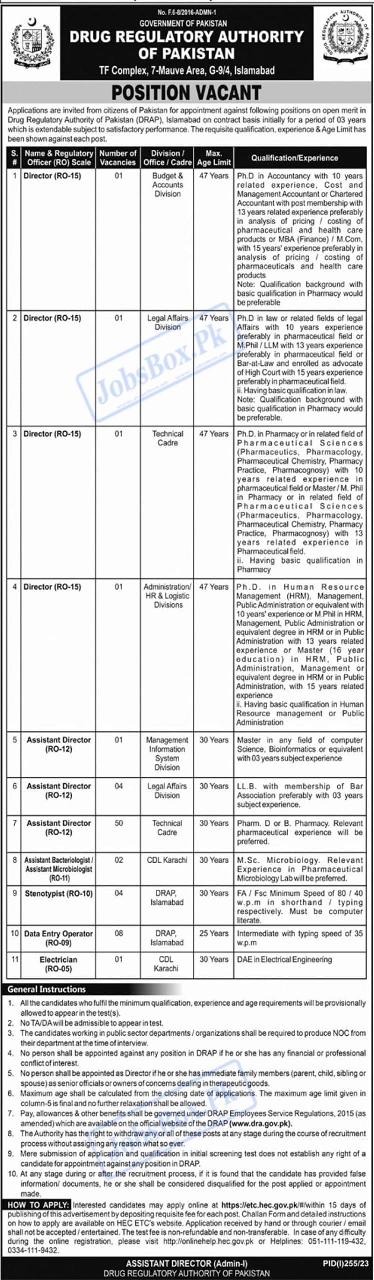 Drug Regulatory Authority of Pakistan Jobs 2023 