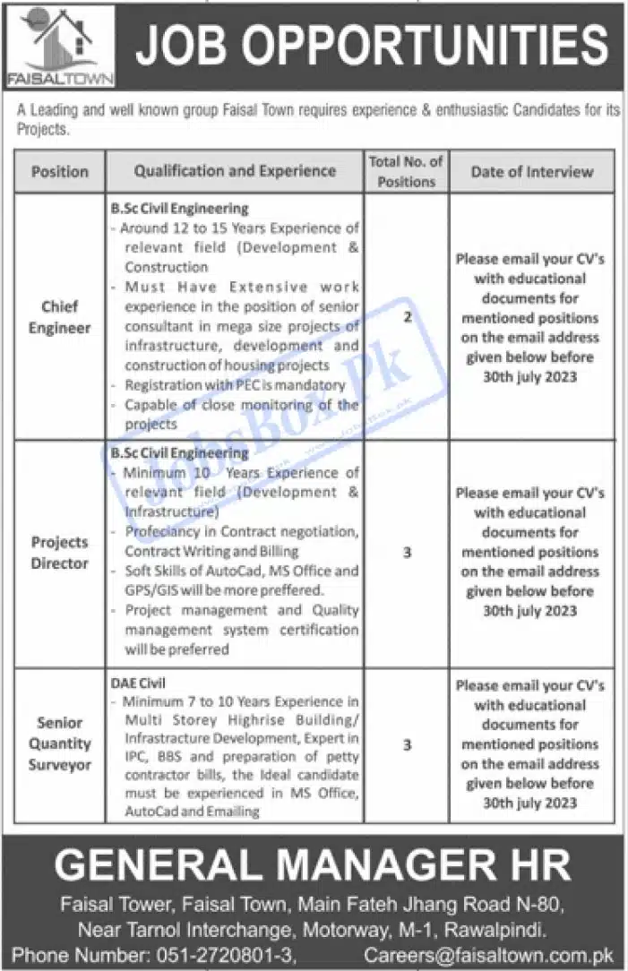 Faisal Town Private Limited Rawalpindi Jobs 2023 for Managers