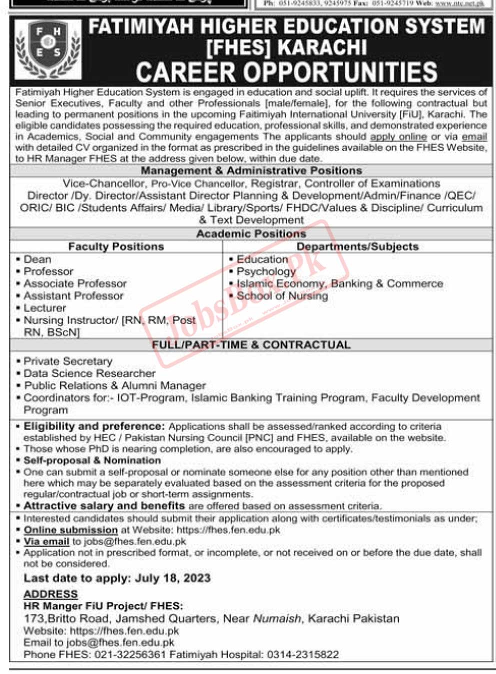 Fatimiyah Higher Education System Karachi Jobs 2023