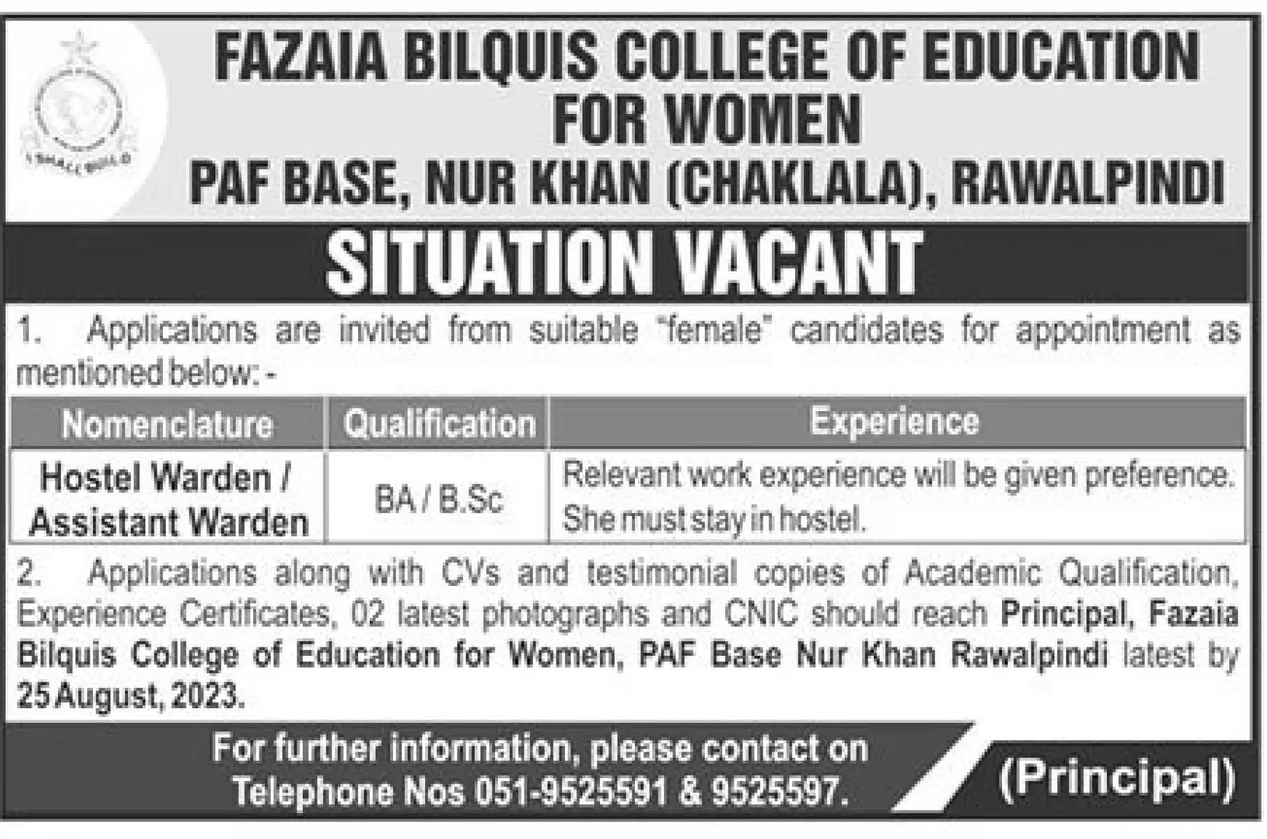 Fazaia Bilquis College of Education for Women Rawalpindi Jobs 2023 Current Post