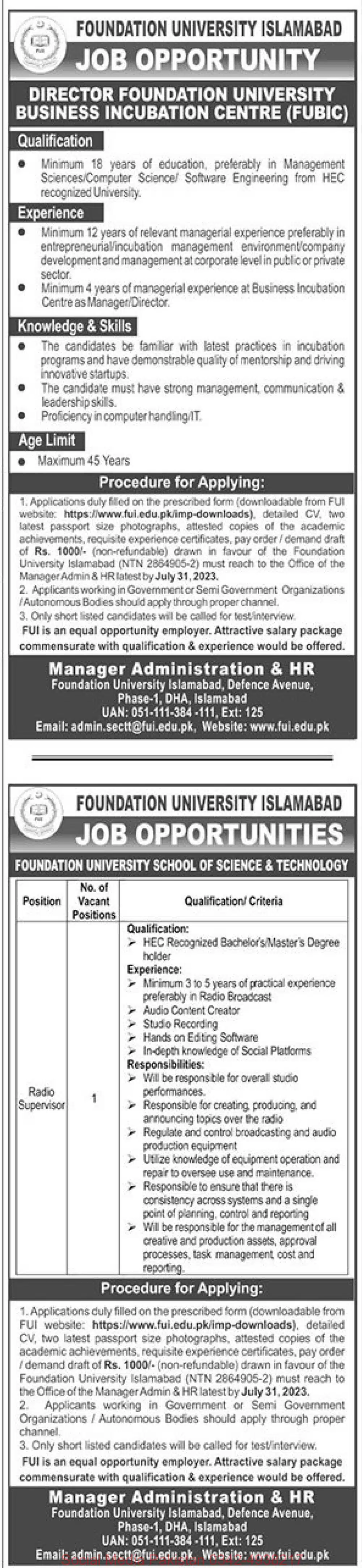 Foundation University Islamabad FUI Jobs 2023 www.fui.edu.pk