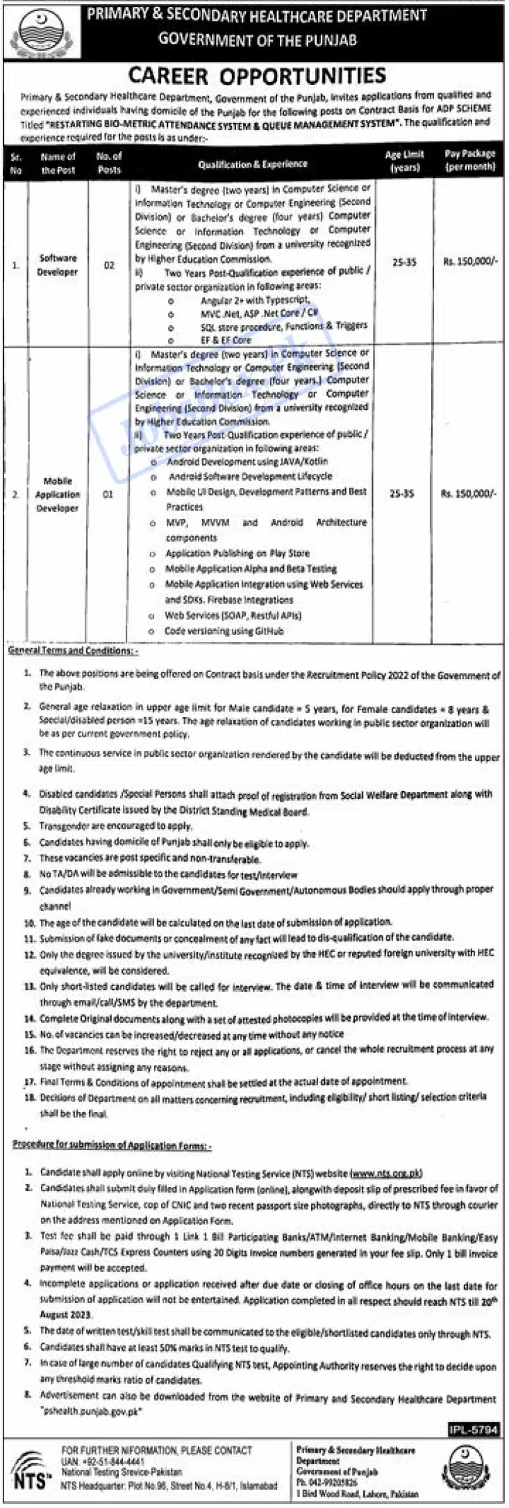 Health Department Punjab Jobs 2023 Apply Online by NTS Form