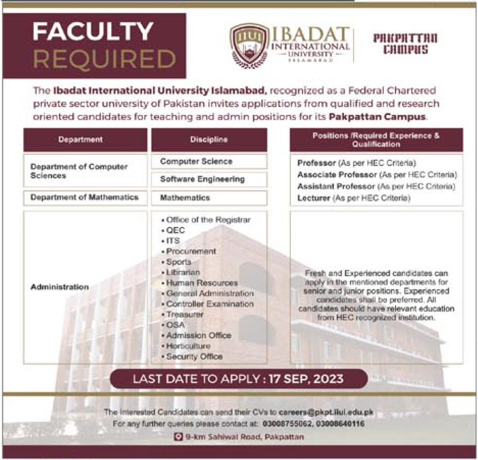 Ibadat International University Islamabad IIUI Jobs 2023 at Pakpattan Campus