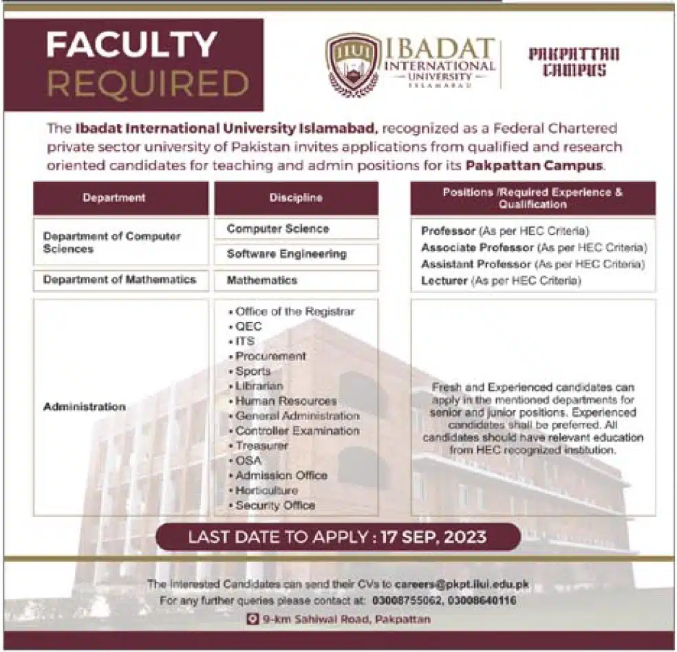 Ibadat International University Islamabad IIUI Jobs 2023 at Pakpattan Campus