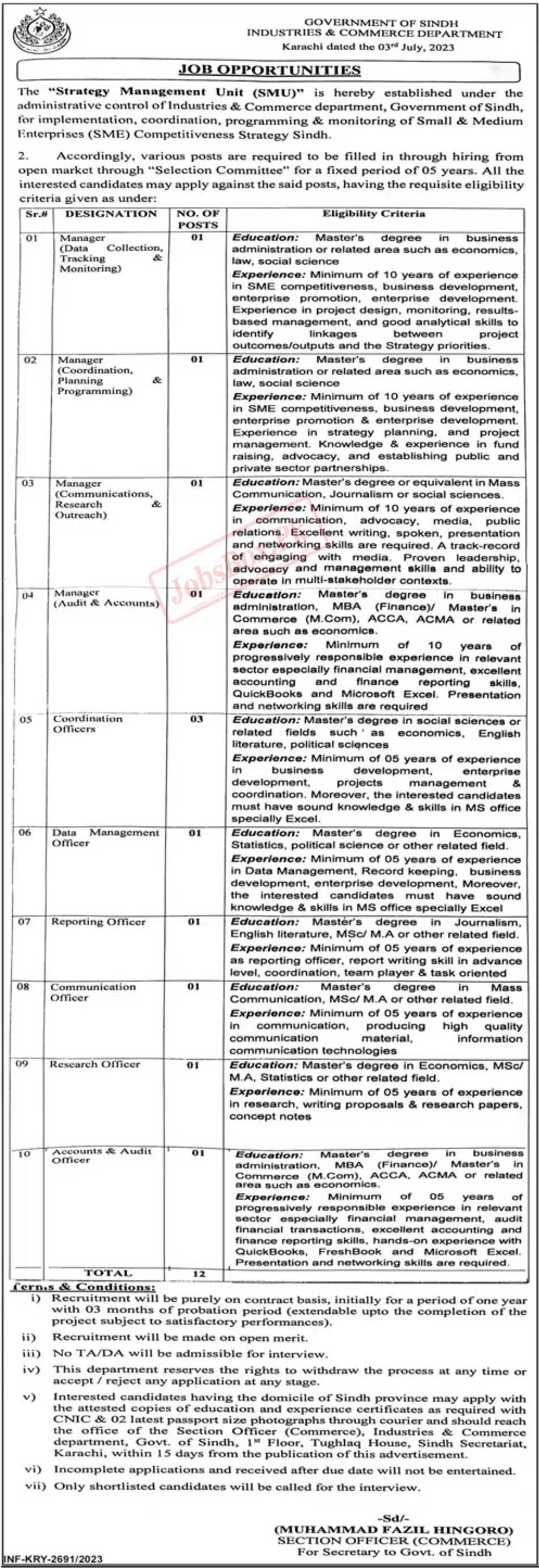 Industries and Commerce Department Sindh Jobs 2023 Advertisement