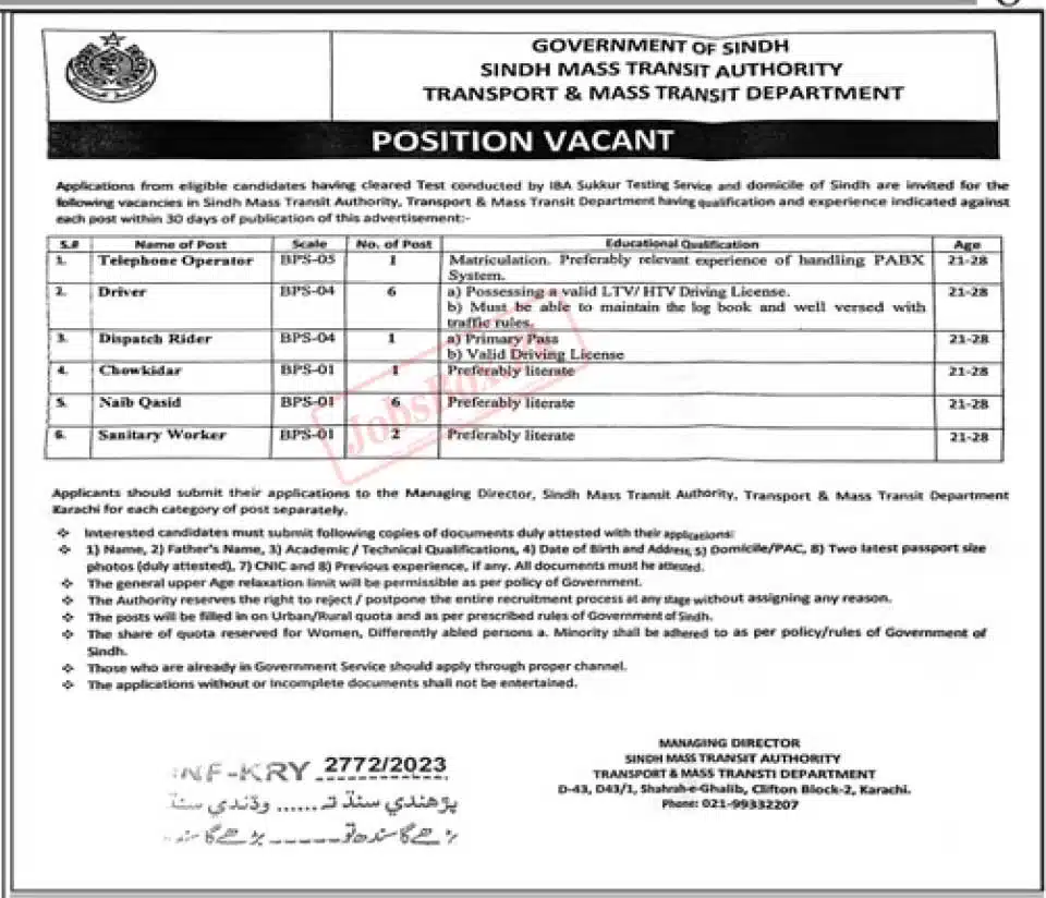 Latest Transport and Mass Transit Department Sindh Jobs 2023