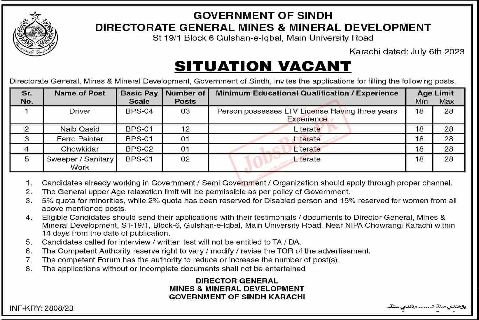 Mines and Minerals Department Sindh Jobs 2023