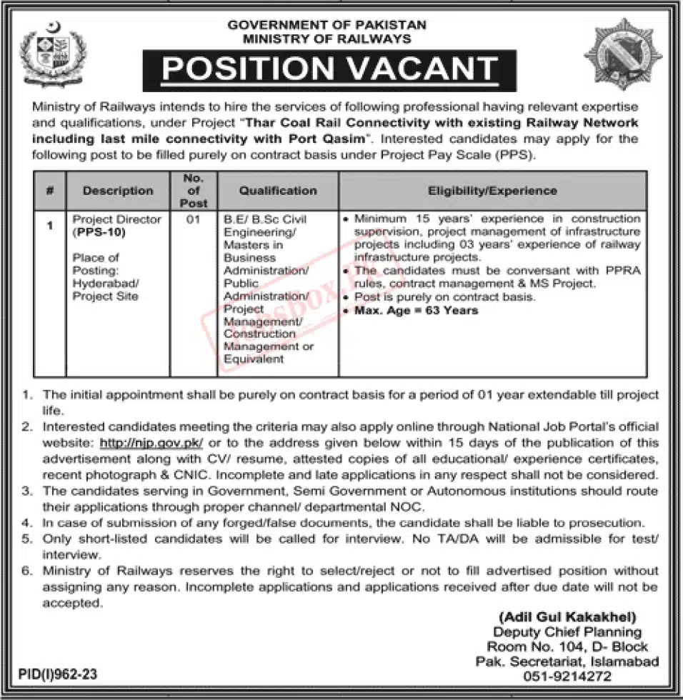 Ministry of Railways Jobs 2023 for Project Director