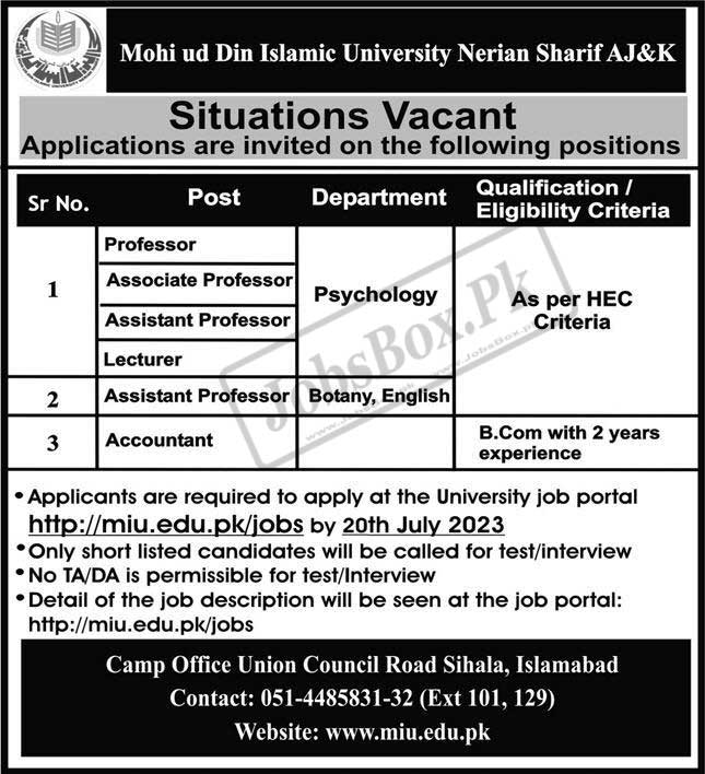 Mohi Ud Din Islamic University Nerian Sharif Jobs 2023