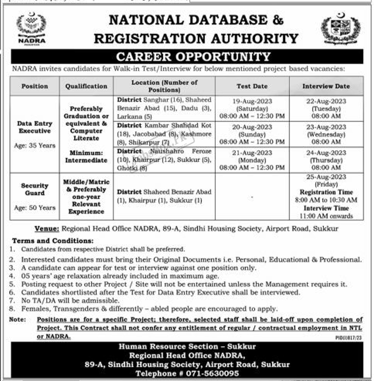 NADRA Regional Office Sukkur Jobs 2023 - NADRA Sindh Jobs in Multiple Districts