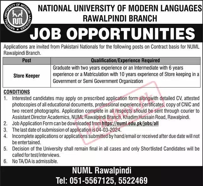 NUML Rawalpindi Branch Jobs 2024