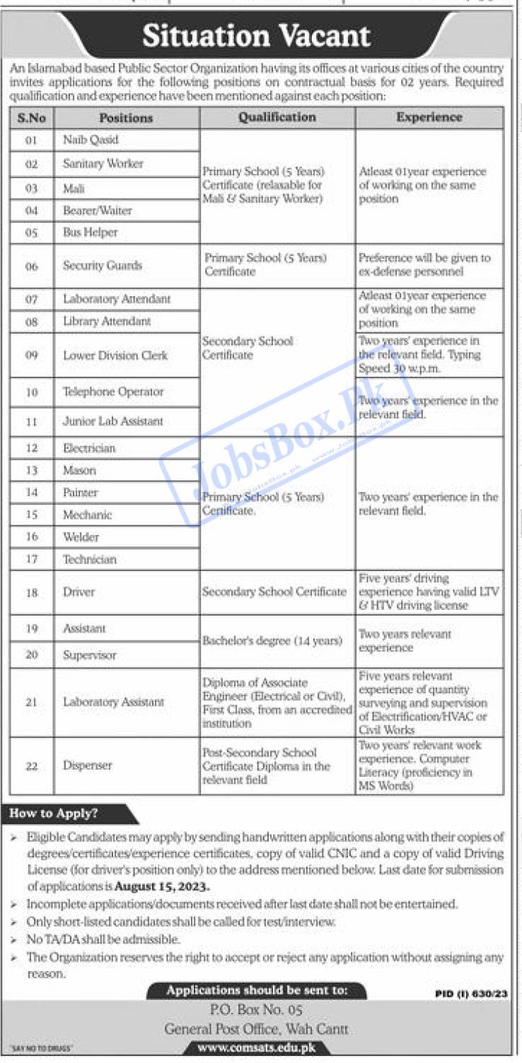 PO Box No 05 Wah Cantt Jobs 2023