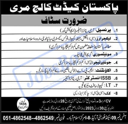 Pakistan Cadet College Murree Jobs 2023