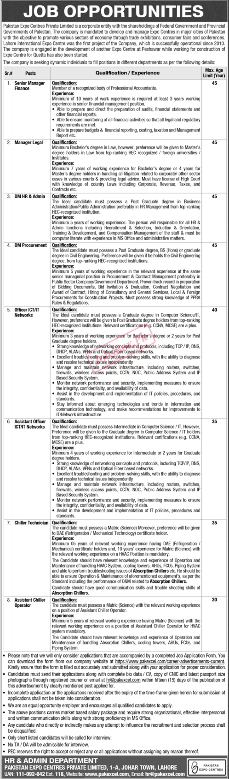 Pakistan Expo Centres Private Limited Jobs 2024