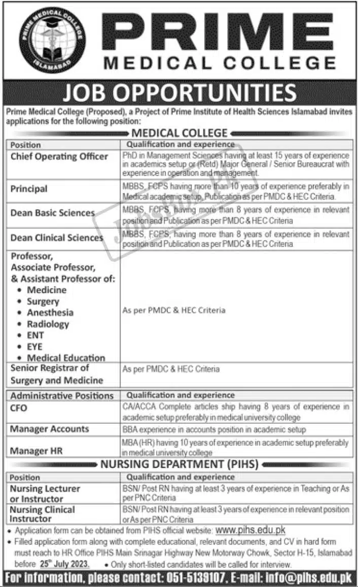 Prime Medical College Islamabad Jobs 2023