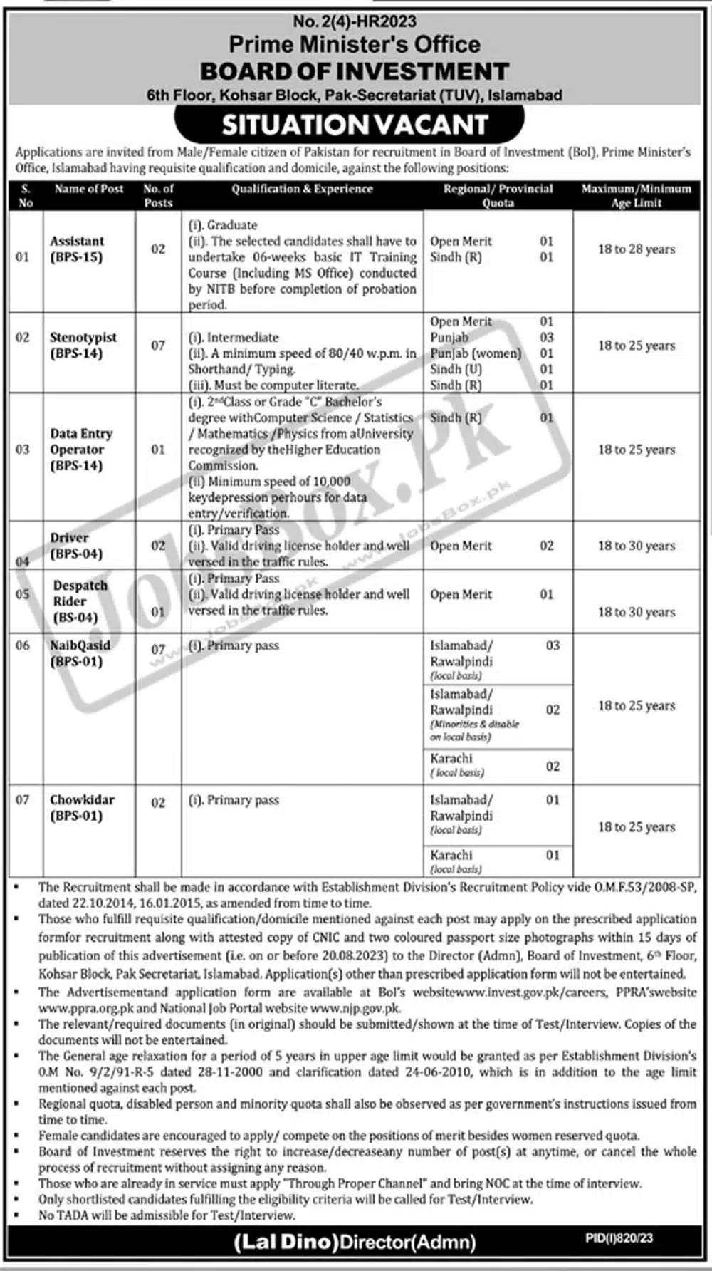 Prime Minister Office Jobs 2023 - www.invest.gov.pk Application Form
