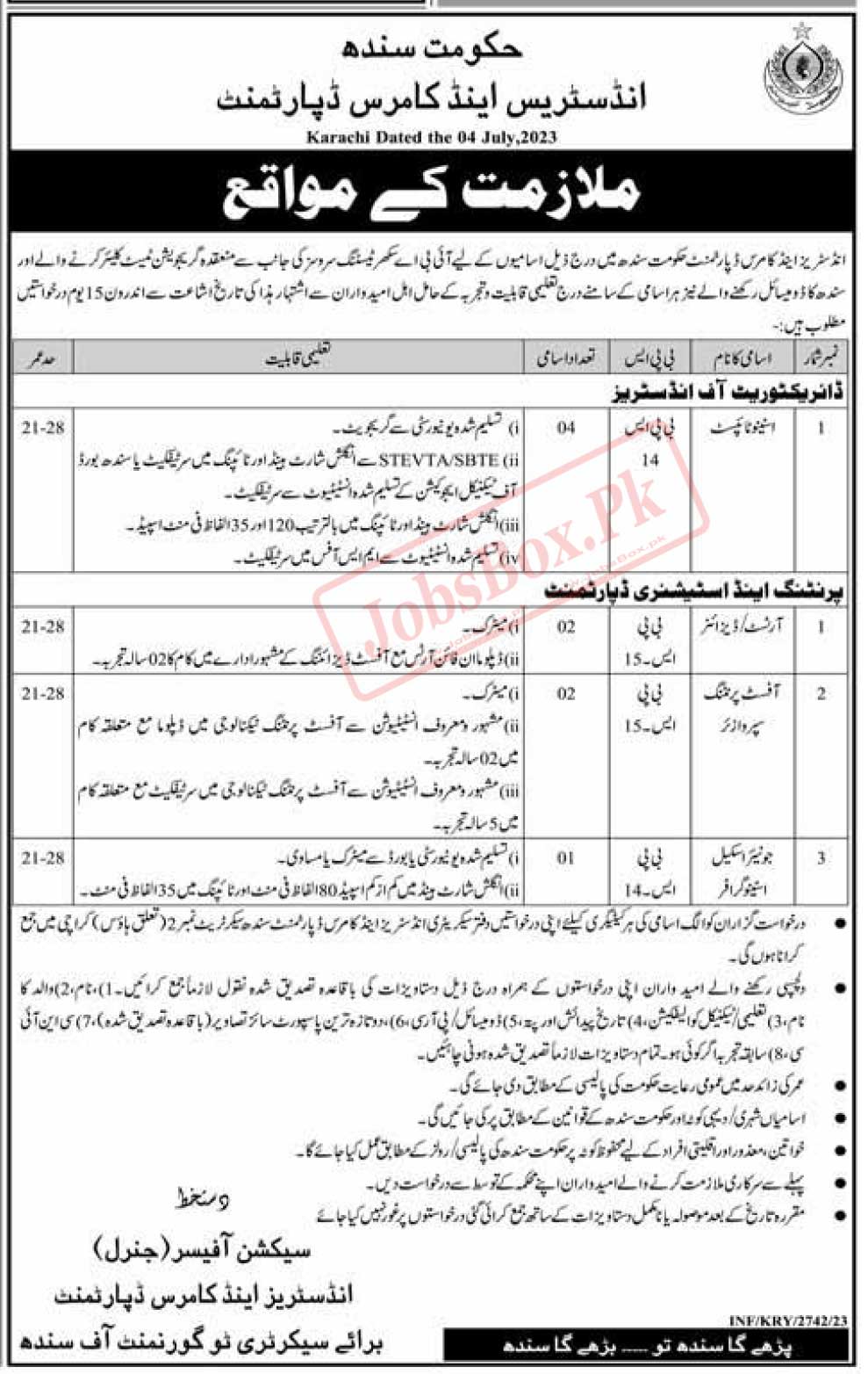 Sindh Industries and Commerce Department Job Opportunities