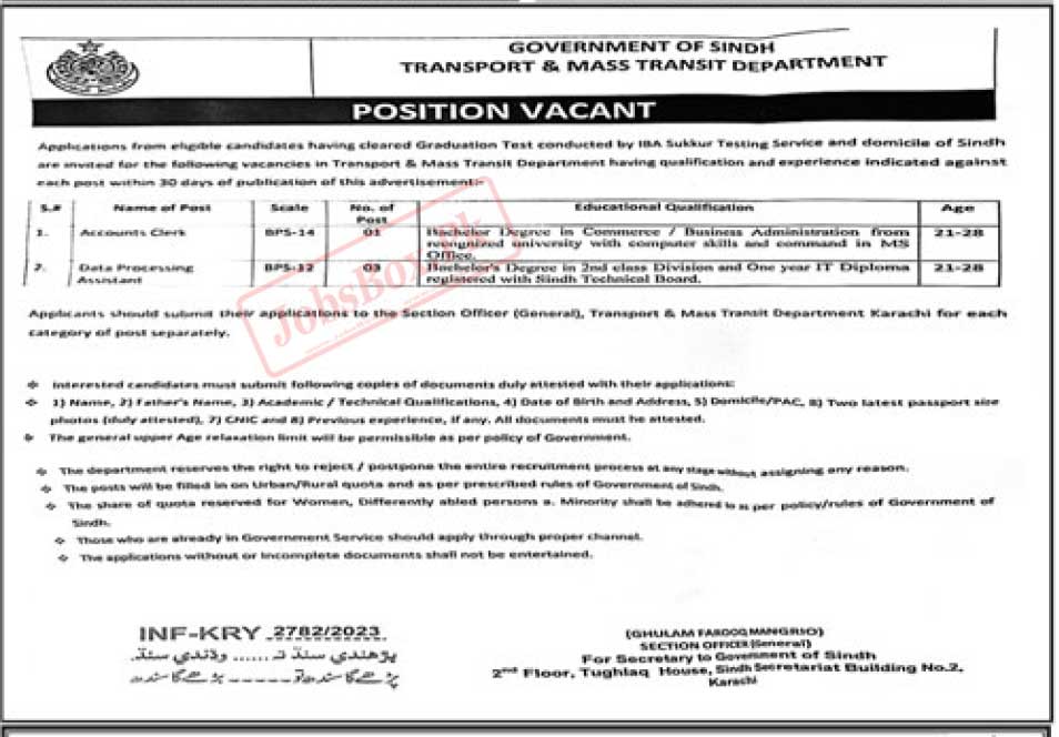 Transport and Mass Transit Department Sindh Jobs 2023