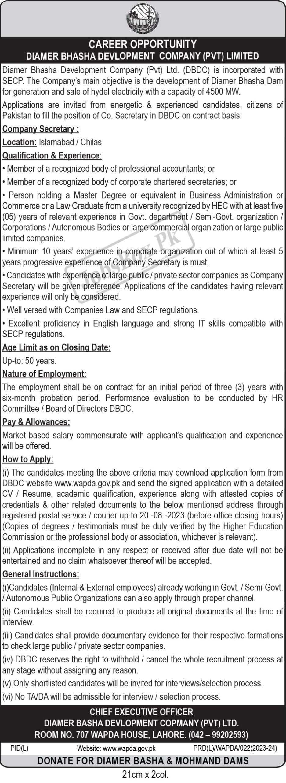 WAPDA Company Secretary Jobs Bhasha Dam