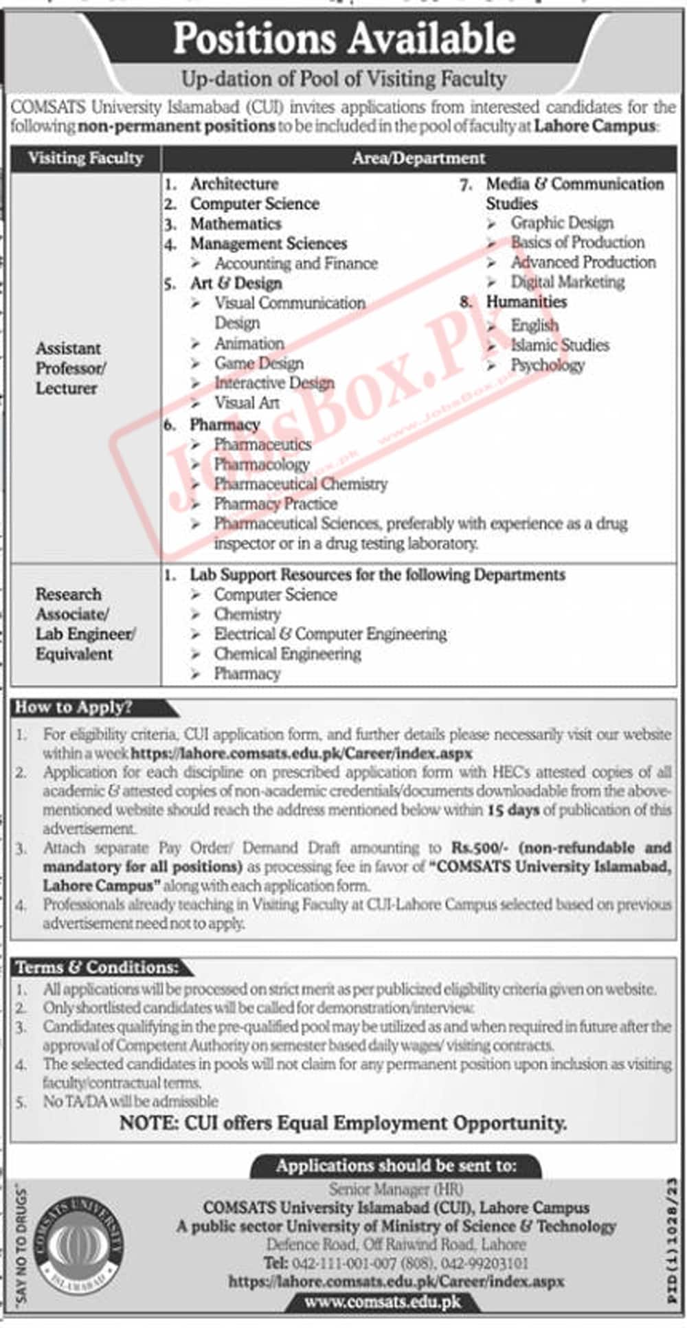 COMSATS University Lahore Campus Jobs 2023 Check Eligibility Criteria