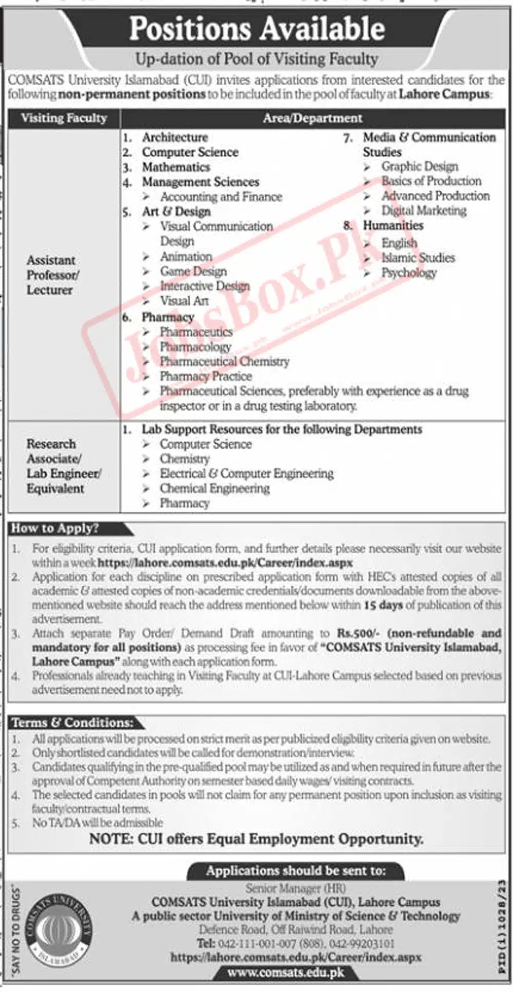 COMSATS University Lahore Campus Jobs 2023
