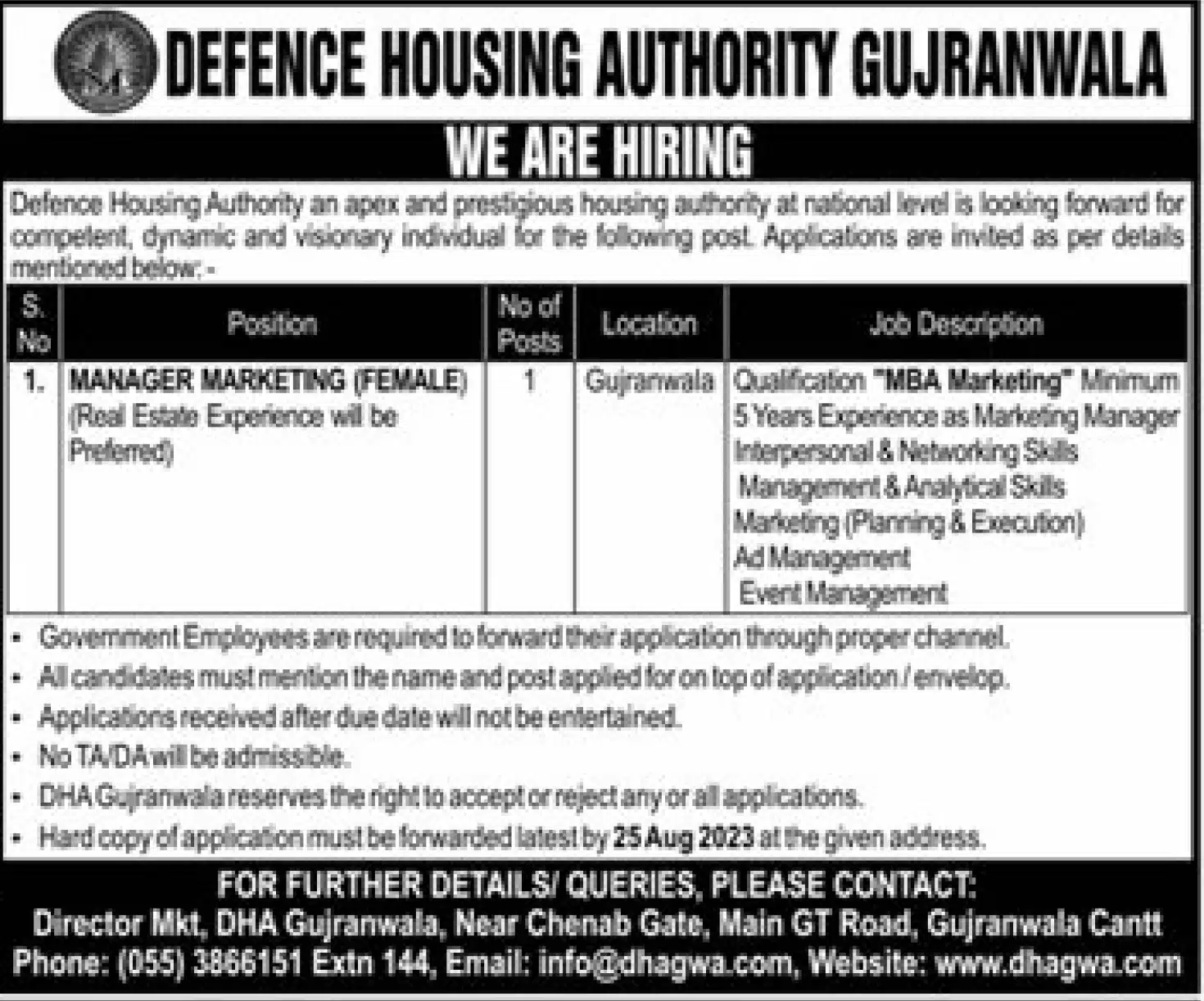DHA Gujranwala Career Notice for Manager Marketing