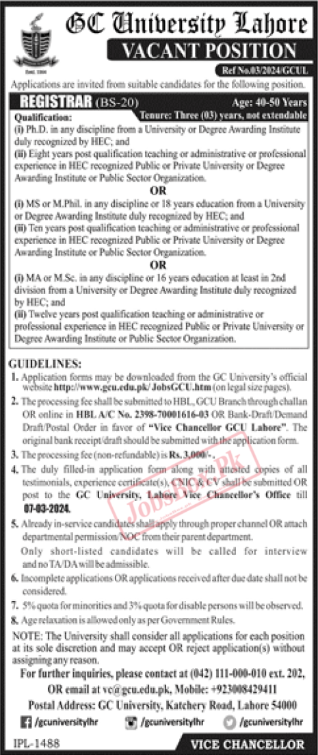 GC University Lahore Jobs 2024