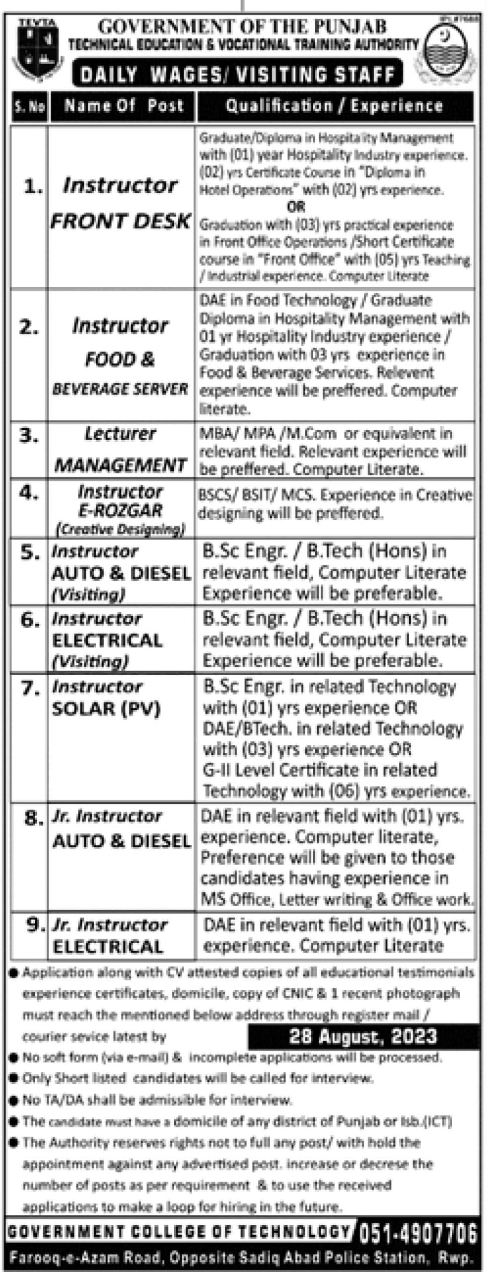 Government College of Technology GCT Rawalpindi Jobs 2023 Current Vacancies