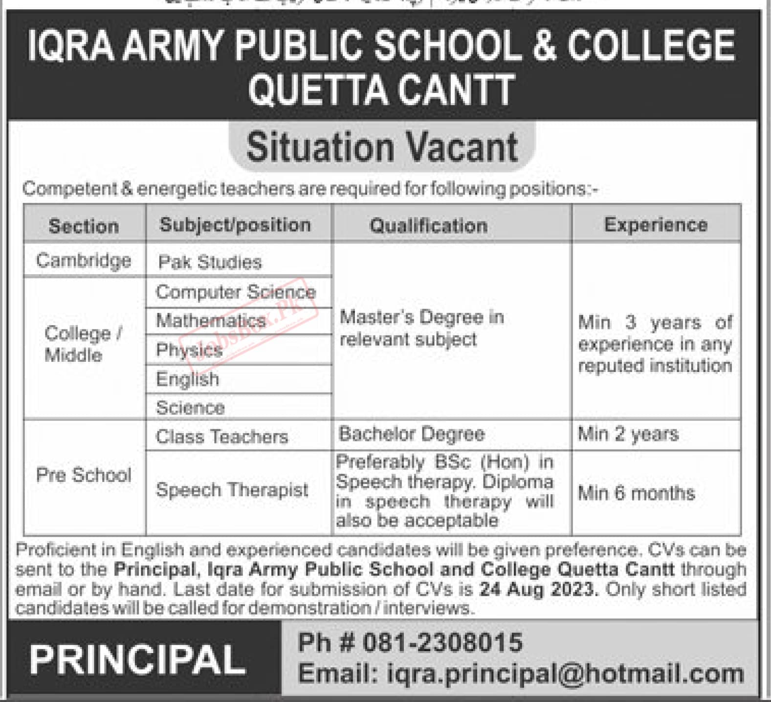 Iqra Army Public School and College Quetta Jobs 2023