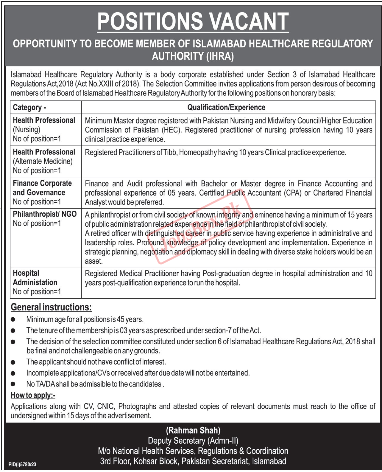 Islamabad Healthcare Regulatory Authority IHRA Jobs 2024