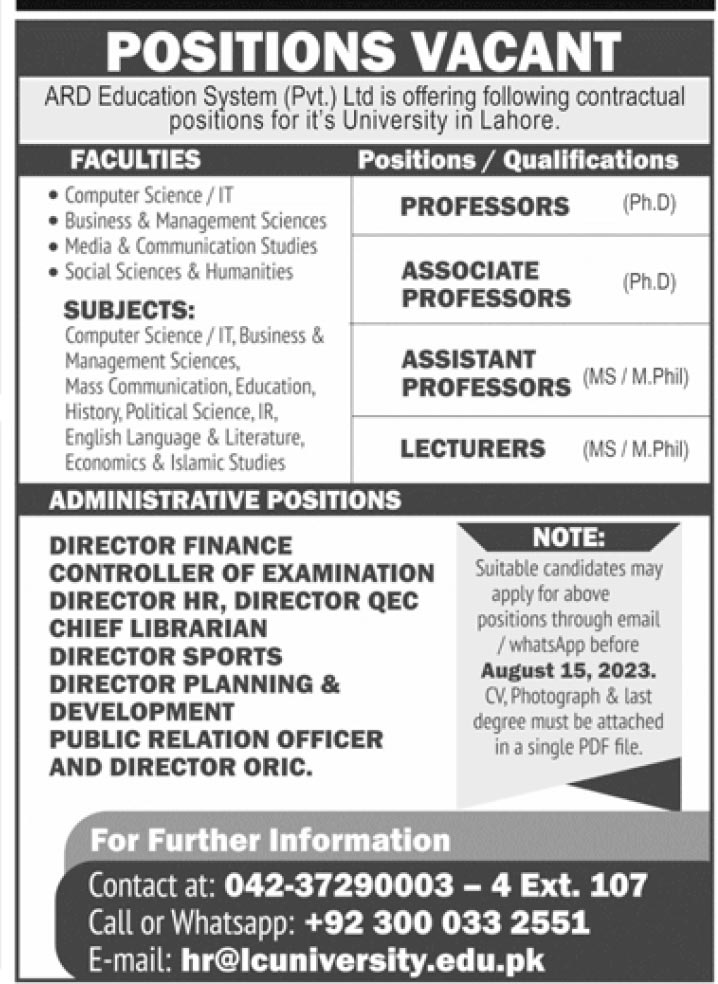 Lahore City University LCU Jobs 2023