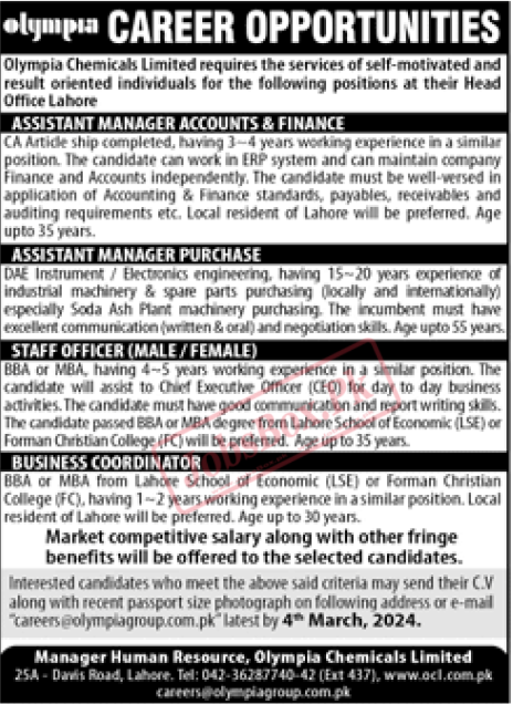 Olympia Chemicals Limited Jobs 2024